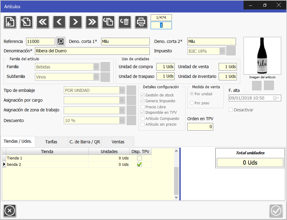 TPV Caja Amiga. Ventana de módulo de gestión de artículos