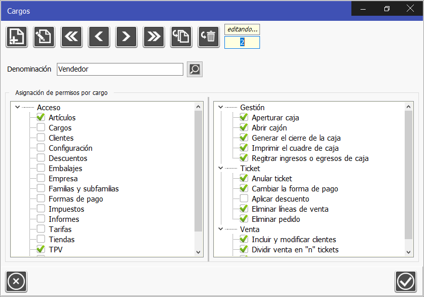 TPV o POS Caja Amiga. Ventana de cargos