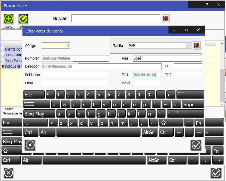TPV Caja Amiga. Formulario de edición de clientes