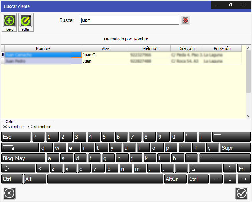 TPV Caja Amiga. Ventana de Clientes