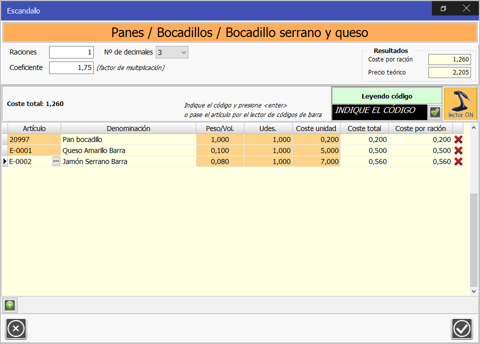 TPV Caja Amiga. Ventana de escandallo