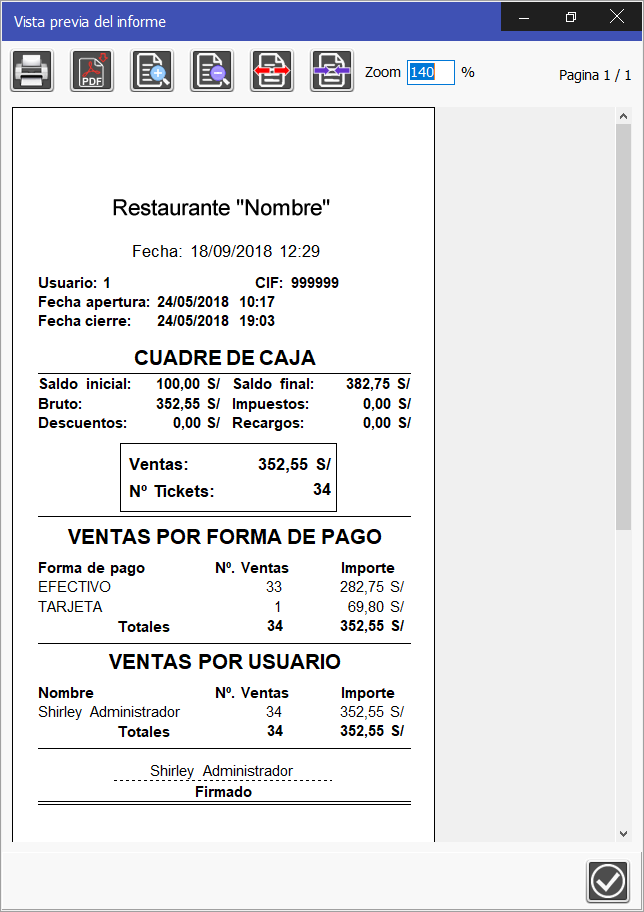 TPV Caja Amiga. Ventana mensaje de cierre Caja