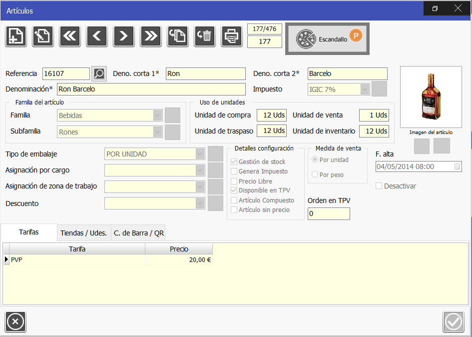 TPV Caja Amiga. Ventana vista de detalle de artículo