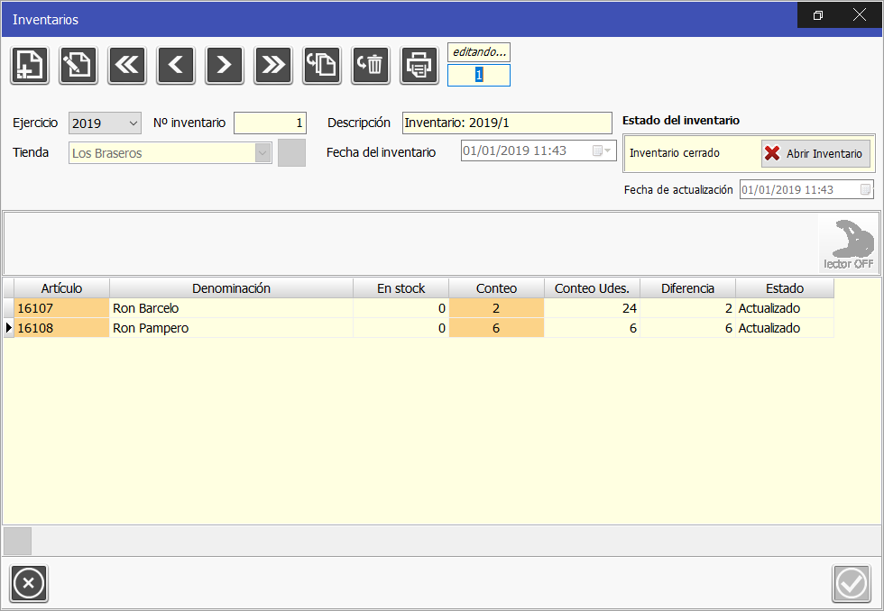 TPV Caja Amiga. Ventana vista de inventario inicial
