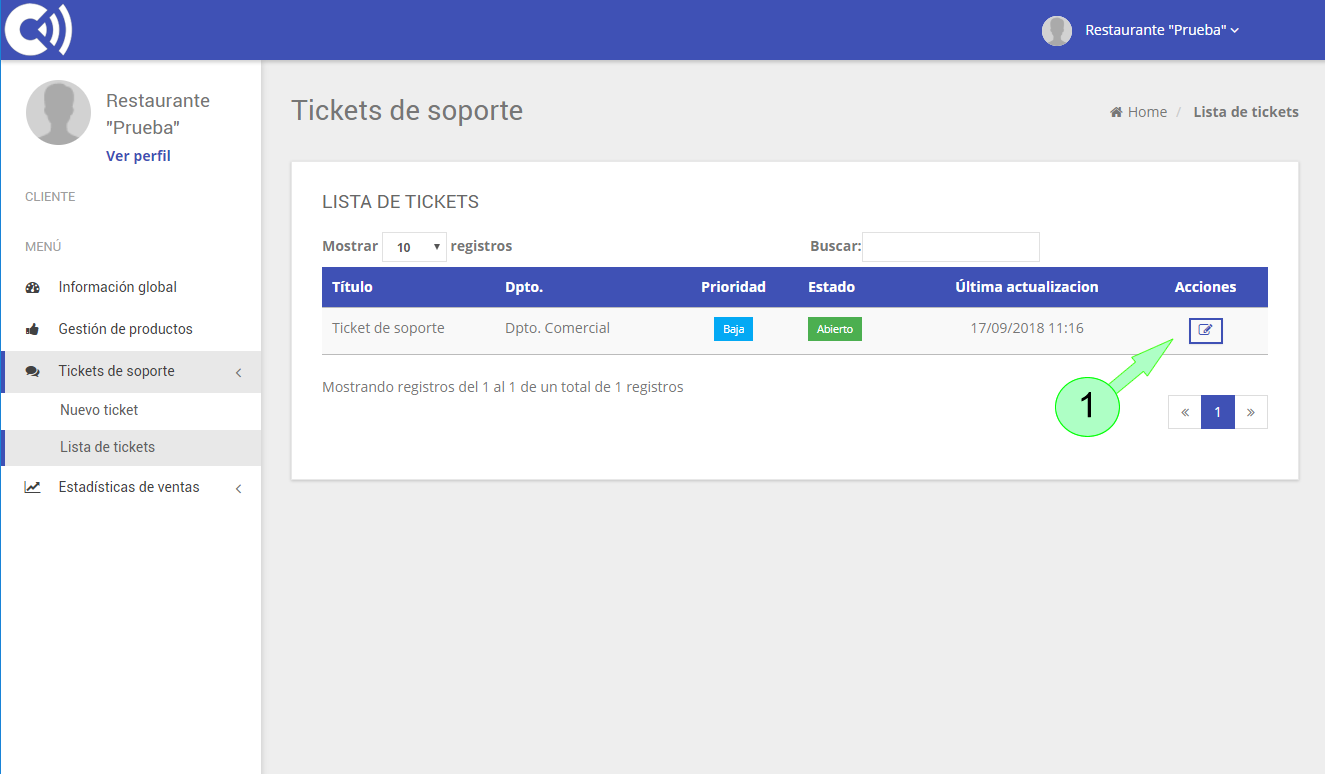 TPV Caja Amiga. Ticket de soporte. Listado de tickets emitidos