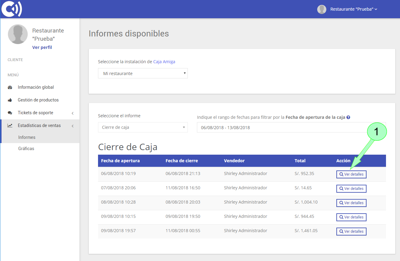 TPV Caja Amiga. Informe: Cierre de Caja