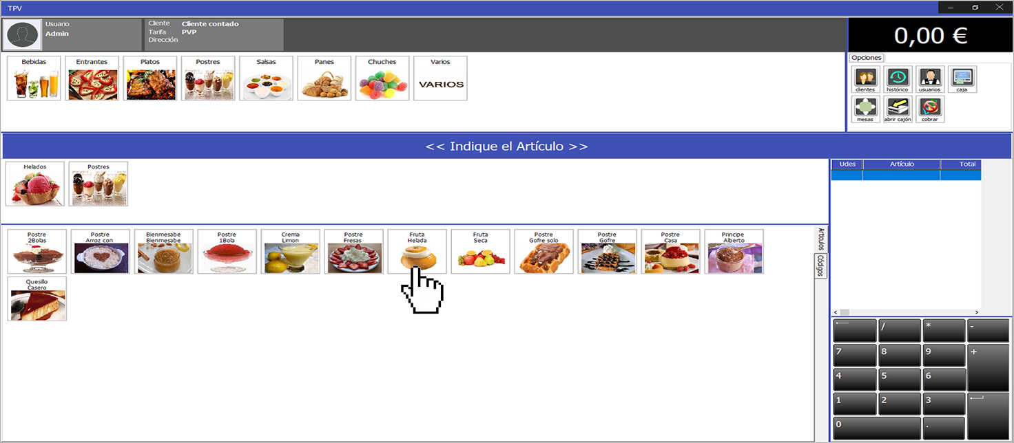 TPV Caja Amiga. Seleccionar el artículo con puntero
