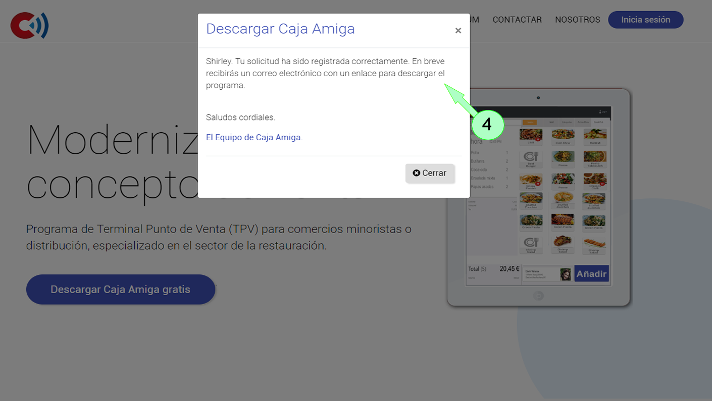 Descargar TPV o POS Caja Amiga Free. Confirmación de envío de enlace para la descarga