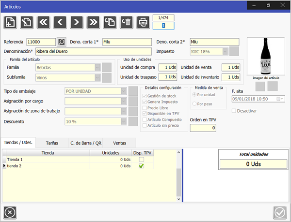 TPV Caja Amiga: Módulo de Artículos, permite definir sus características, tarifas, familia, subfamilia, e imagen de visualización TPV