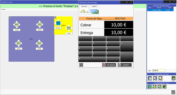 Software de Gestión de Venta  TPV Caja Amiga: Proceso de cobro de una mesa en un restaurante