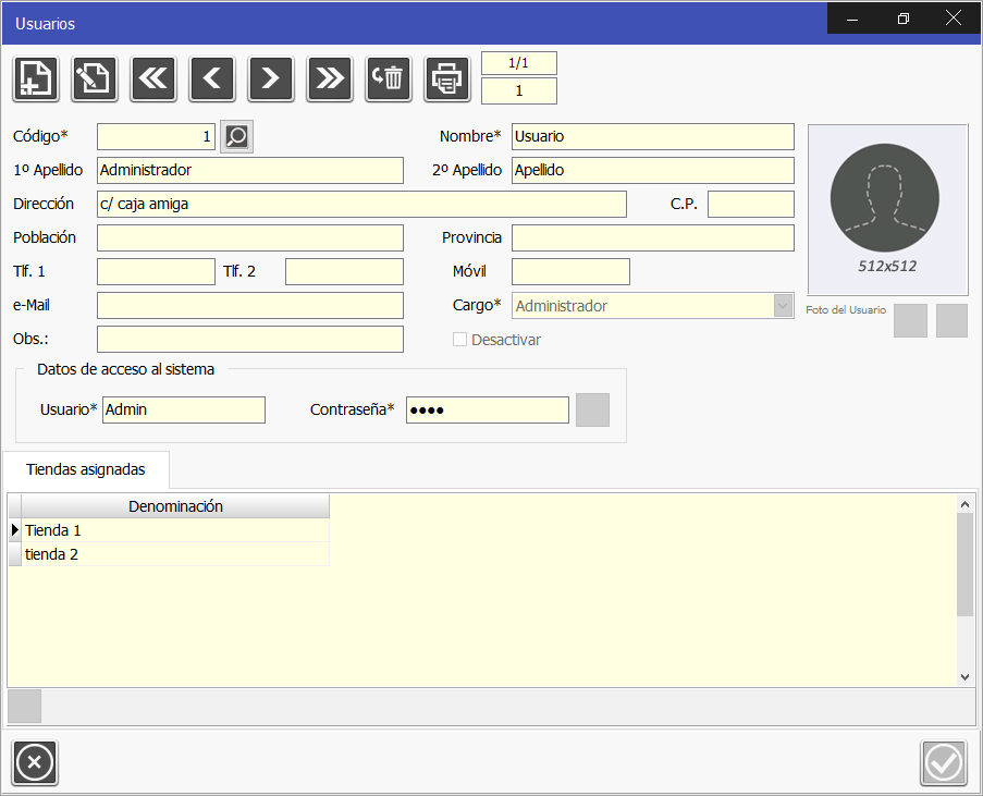 TPV Caja Amiga: Edición de usuario o empleado, se asignan un cargo a cada empleado y se otorga permisos de acceso